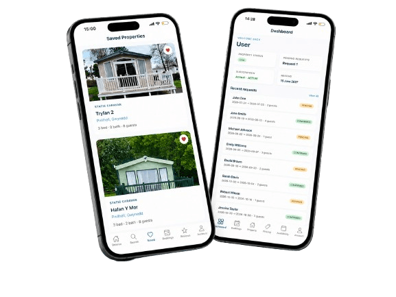 The Rent Your Holiday Home app on two phones, showing saved properties and the homeowner dashboard