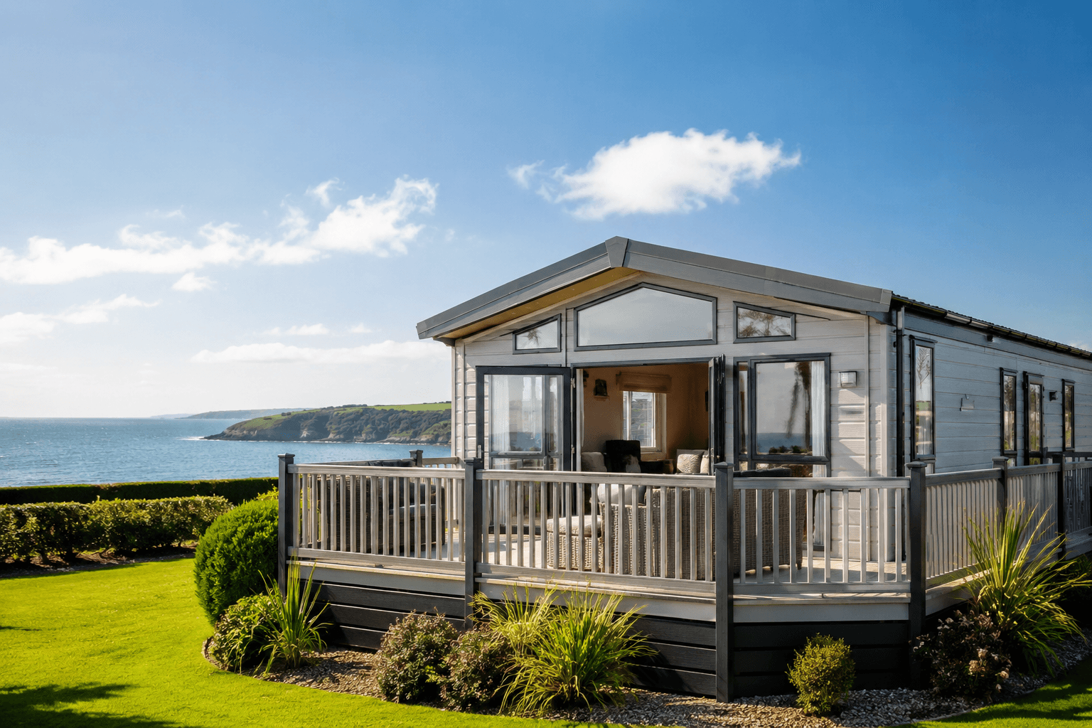 A modern seaside holiday lodge with veranda decking overlooking a Cornish bay